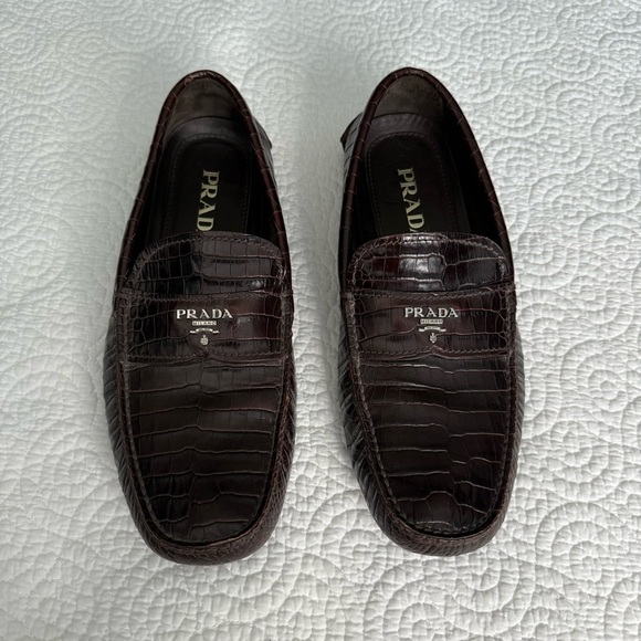Prada Men's Dark Brown Croc-Embossed Loafers - Picture 1 of 16